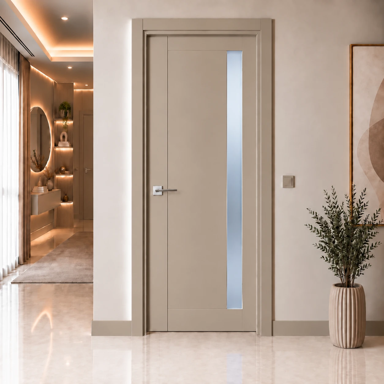 Ardendoor - Kapıya Dair Her Şey Dikey Camlı Asimetrik Çizgili Vizon Lake Kapı