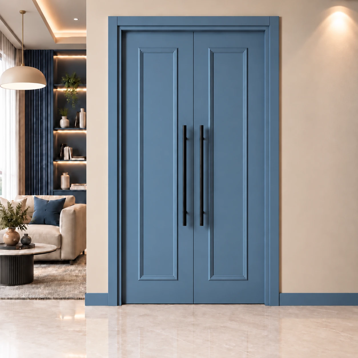 Ardendoor - Kapıya Dair Her Şey Çift Kanatlı Çıtalı Göbek Panelli Mavi Lake Kapı