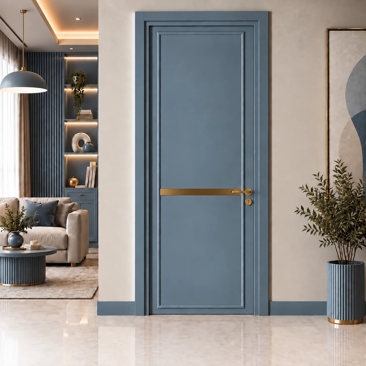Ardendoor - Kapıya Dair Her Şey Yatay Altın Çıtalı Göbek Panelli Mavi Lake Kapı