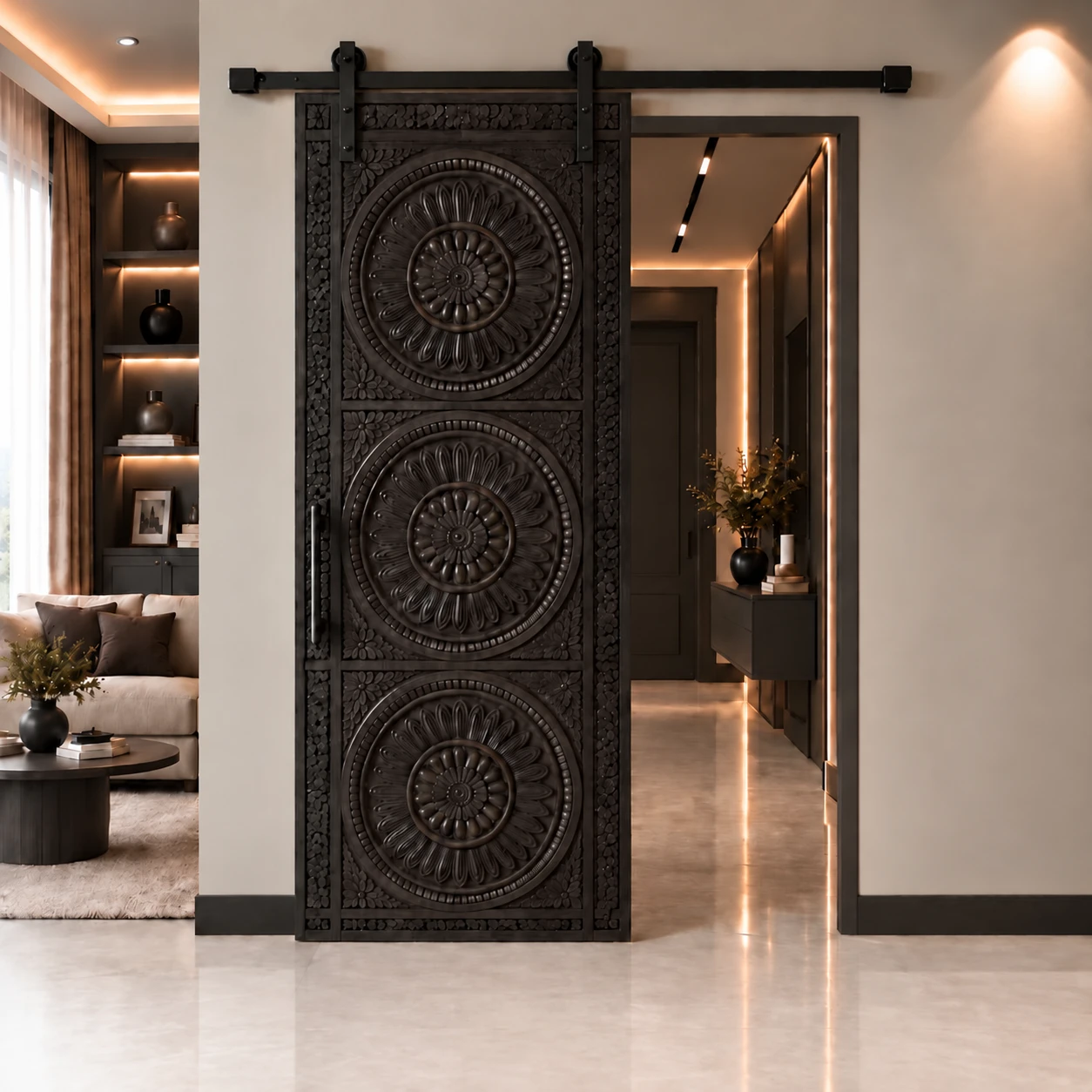 Ardendoor - Kapıya Dair Her Şey Oymalı Motifli Ahşap Kaplama Sürme Kapı