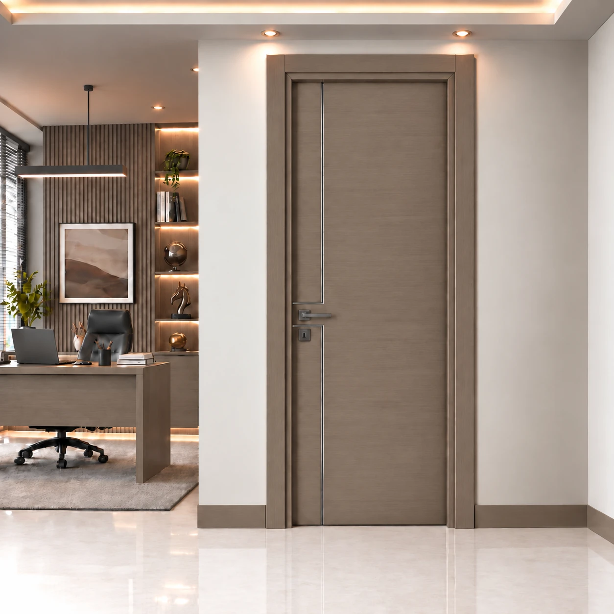Ardendoor - Kapıya Dair Her Şey Dikey Metal Şeritli Vizon Ahşap Kaplama Kapı